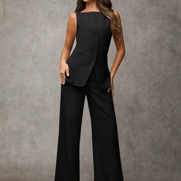 Black Elegant Women's Business Casual Vest & Pants Suit Two-Piece Set - Picture 4 of 6